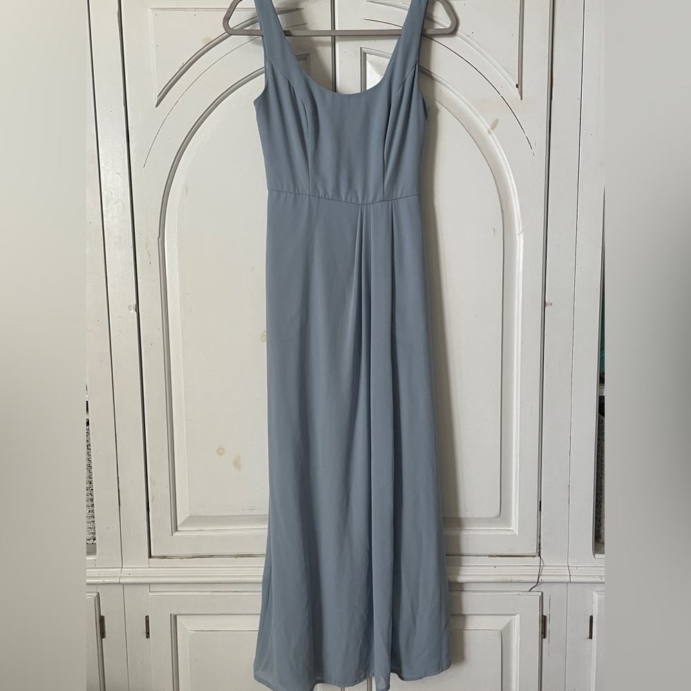 Dusty blue DB Studio celebrate maxi sleeveless tie open back bridesmaid dress 2